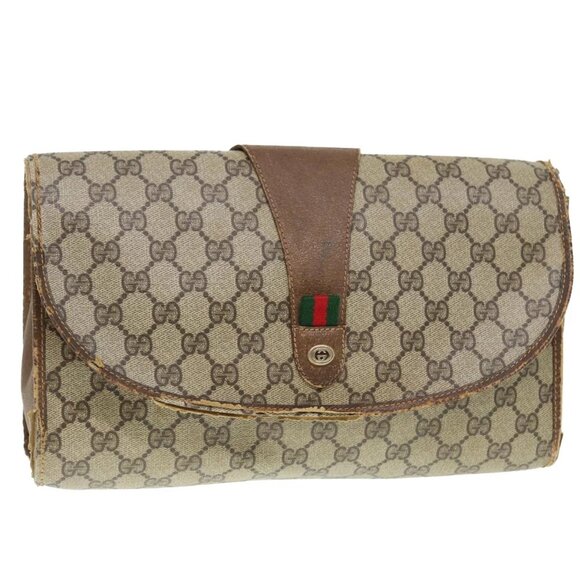 GUCCI GG Supreme Web Sherry Line Clutch Bag PVC Beige Red - Picture 1 of 16